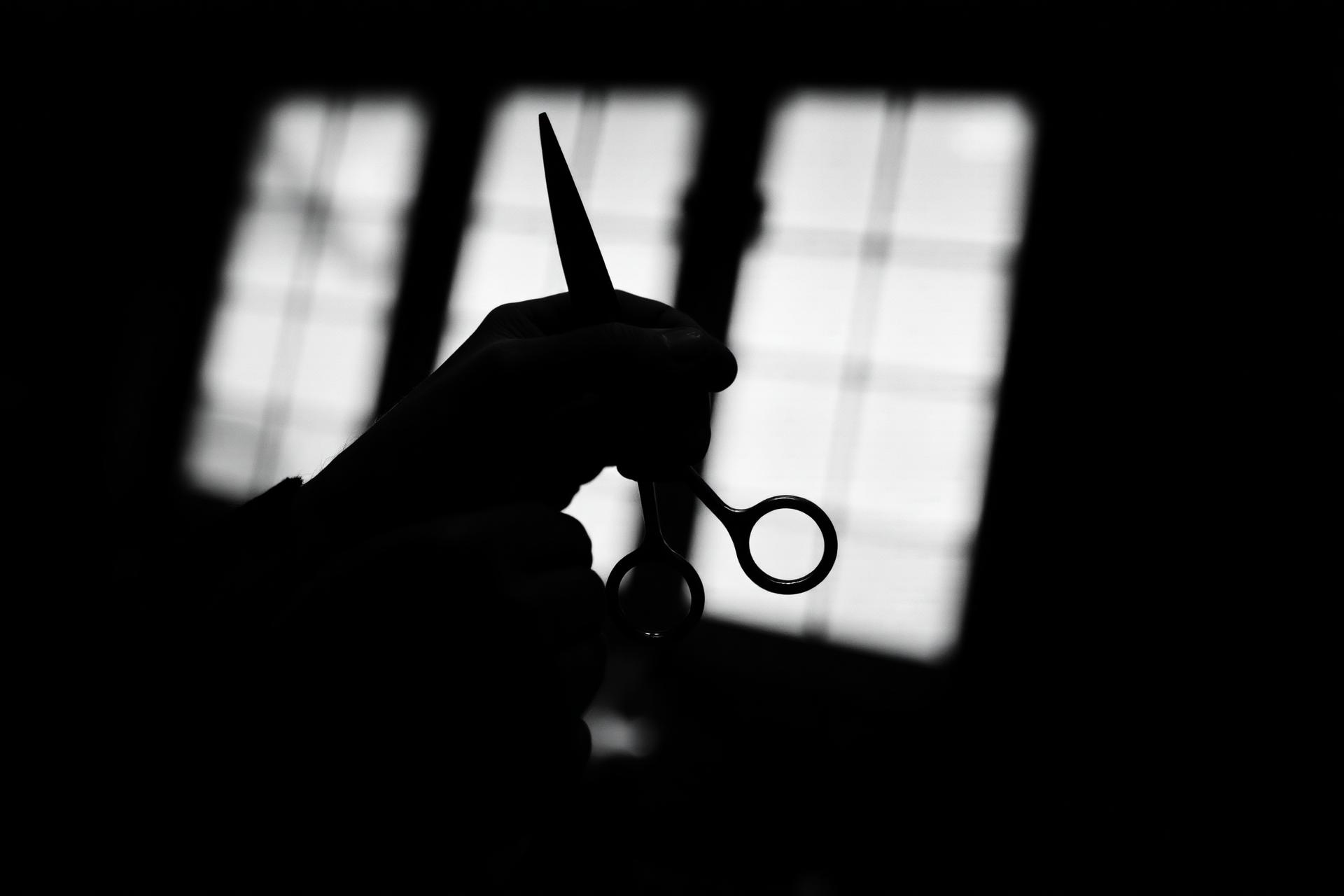 Barber's hand with scissors against soft window light