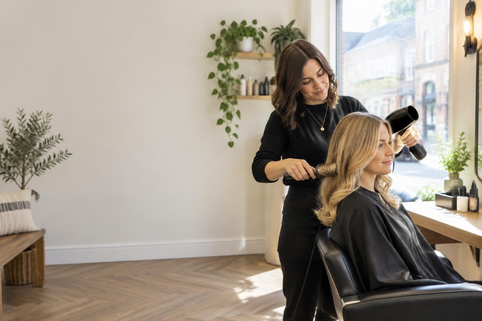 A stylist finishing a client's blow-dry in an independent salon